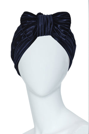 Stylish Navy Blue Velvet Turban with Front Bow for Women