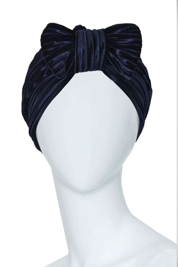 Stylish Navy Blue Velvet Turban with Front Bow for Women