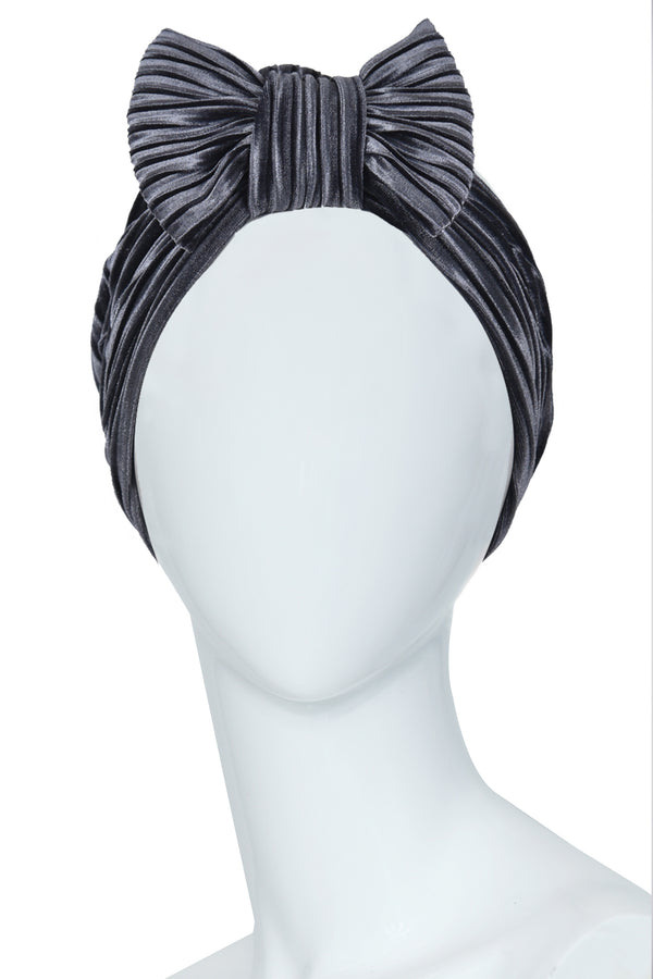 Women’s Grey Velvet Turban | Elegant Velvet Headwear with Bow