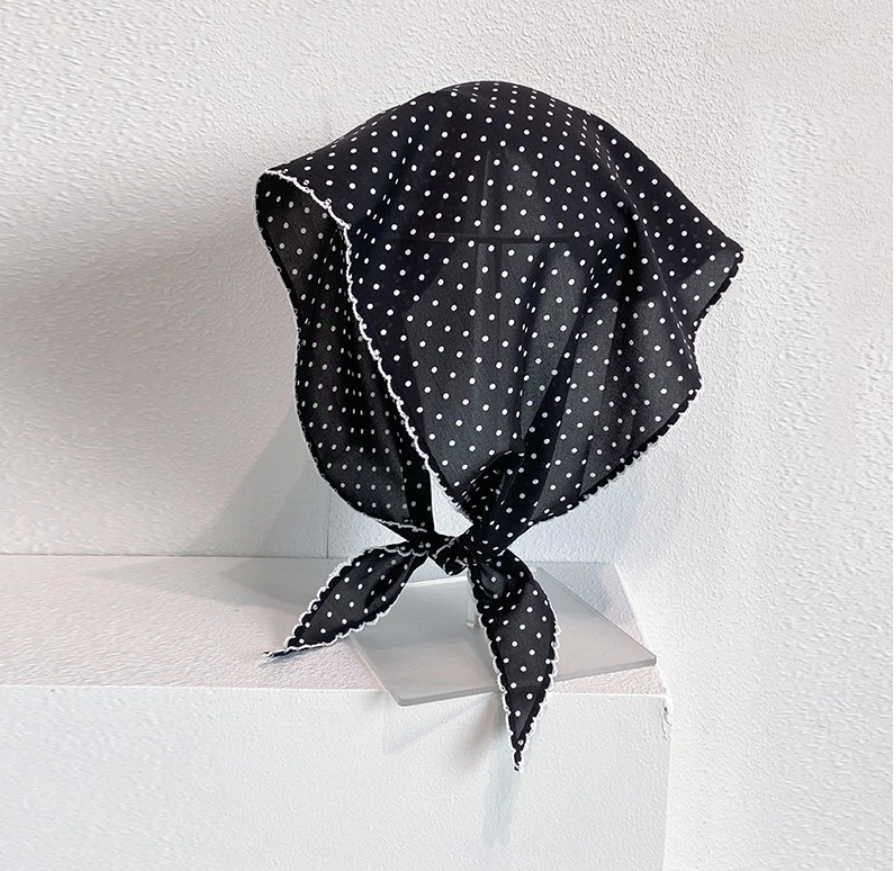 New ! Black Polka Dot Triangle Headscarf – Tie-Back Bandana for Summer Hairstyles