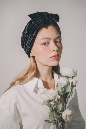 Chic Black Velvet Turban with Front Bow for Women