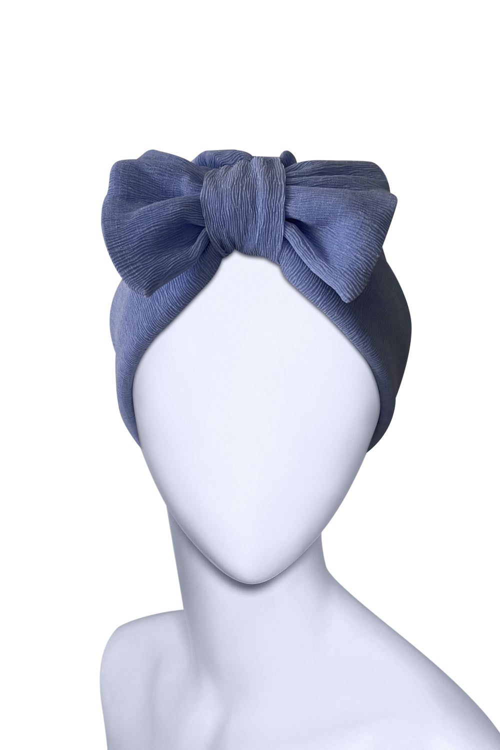 Dusty Blue Bow Turban Cap – Pre-Tied Ready-to-Wear Headwrap