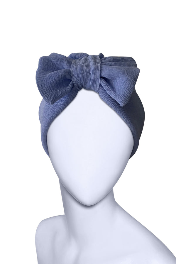 Dusty Blue Bow Turban Cap – Pre-Tied Ready-to-Wear Headwrap