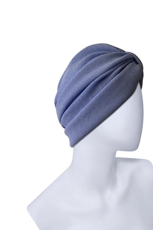 Women’s Dusty Blue Pleated Turban Cap – Lined Pre-Tied Headwrap with Stretch Fit