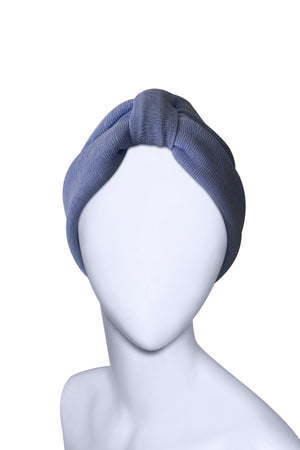 Women’s Dusty Blue Pleated Turban Cap – Lined Pre-Tied Headwrap with Stretch Fit