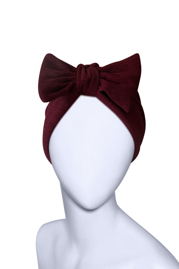 Burgundy Bow Turban Headwrap – Pre-Tied Pleated Viscose Head Covering for Women