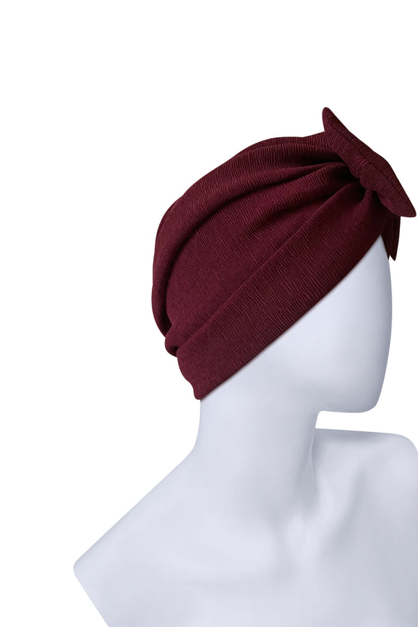 Burgundy Bow Turban Headwrap – Pre-Tied Pleated Viscose Head Covering for Women