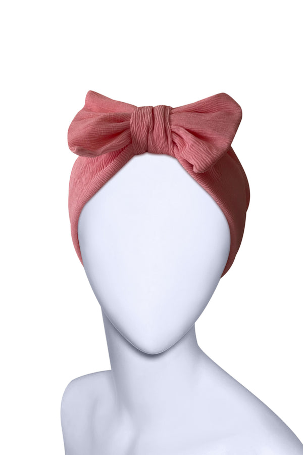 Rose Pink Bow Turban Headwrap – Pre-Tied Pleated Viscose Head Covering for Women