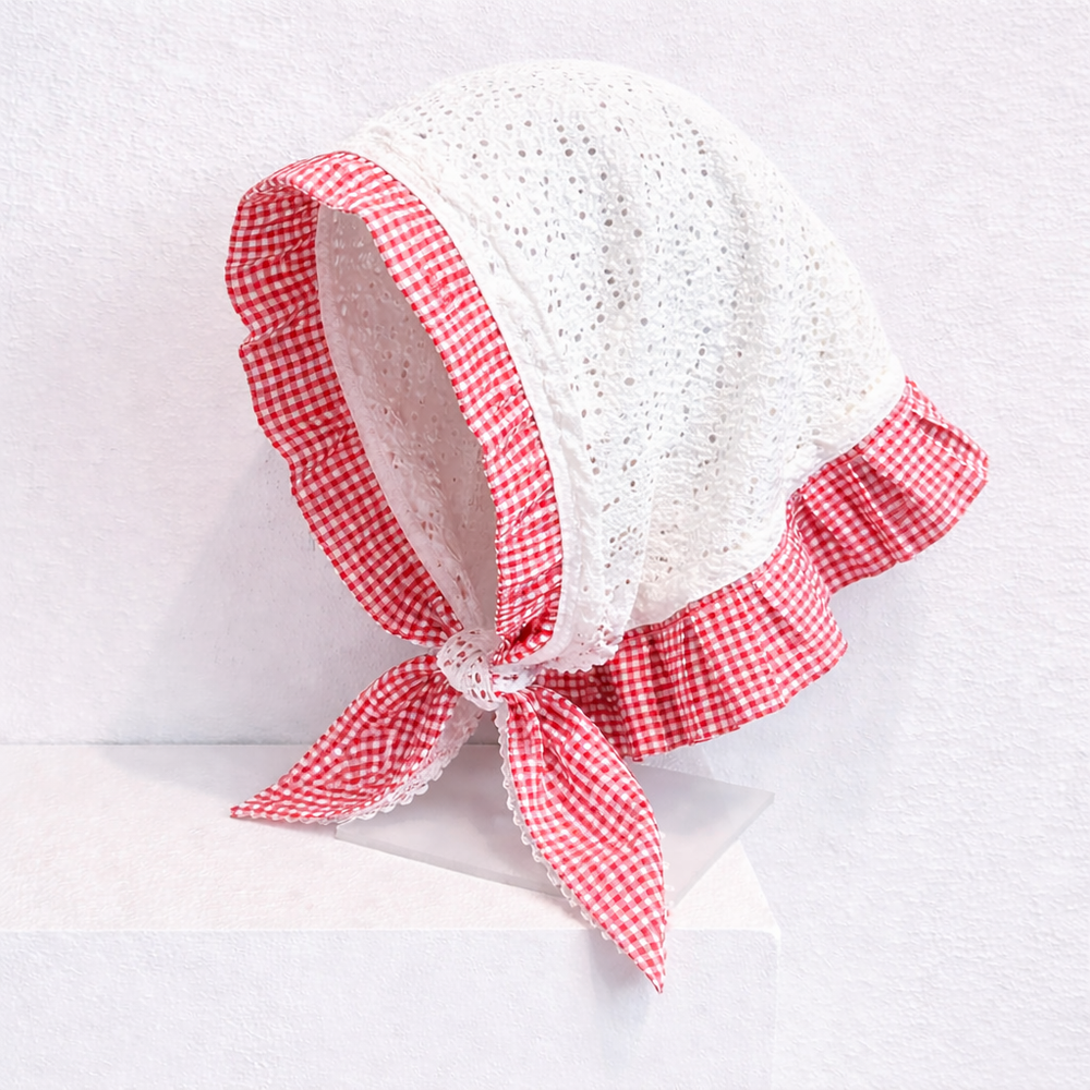 Red Gingham Cottagecore Headscarf – Tie-Back Bandana Bonnet for Picnic Looks, Summer Hairstyles