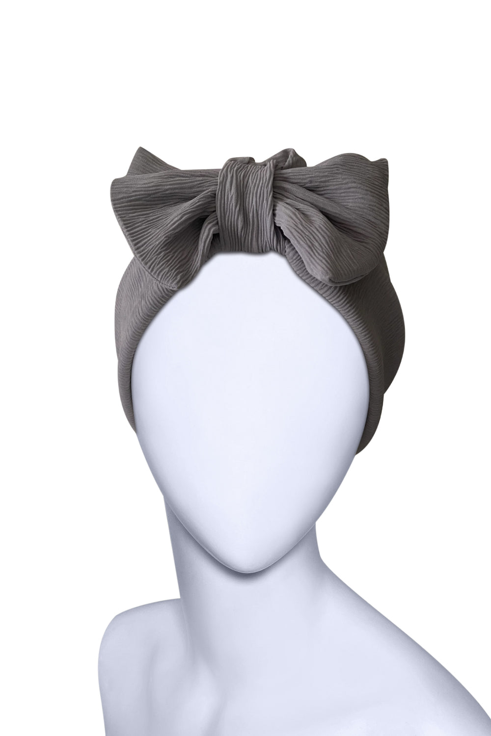 Grey Bow Turban Headwrap – Pre-Tied Pleated Viscose Ready-to-Wear Head Covering