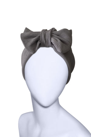 Grey Bow Turban Headwrap – Pre-Tied Pleated Viscose Ready-to-Wear Head Covering