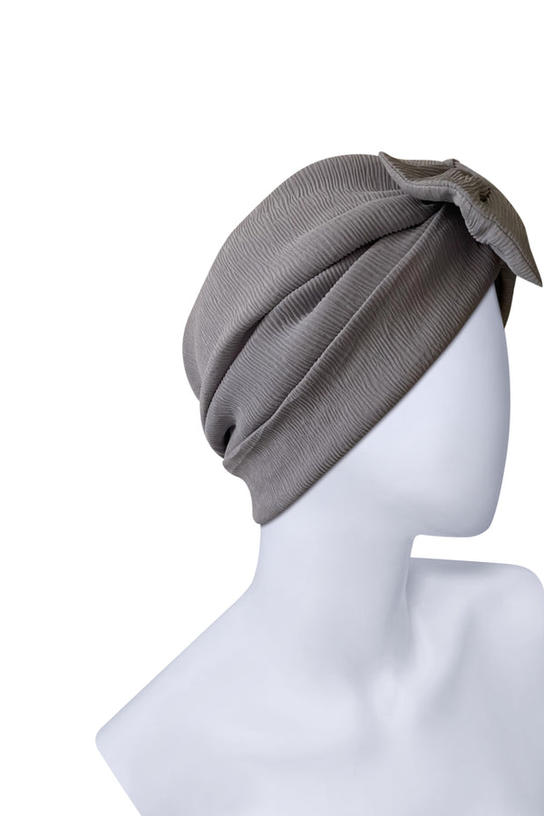 Grey Bow Turban Headwrap – Pre-Tied Pleated Viscose Ready-to-Wear Head Covering