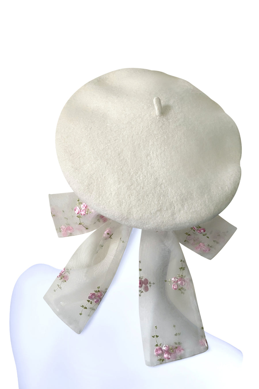 Off white beret with pink floral organza bow - NEW !