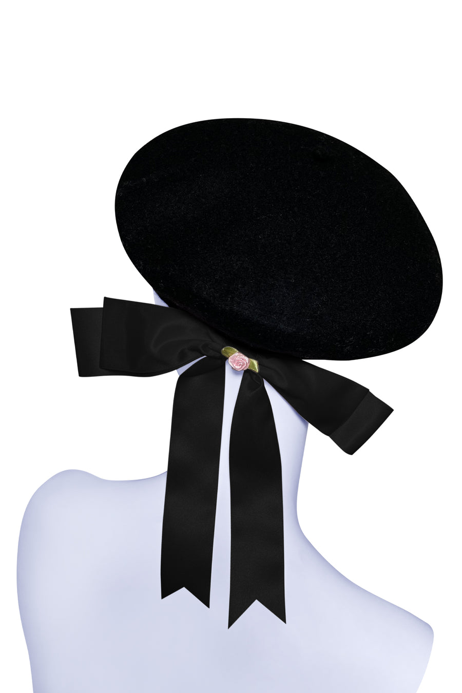 Black beret black ribbon and flower - NEW !
