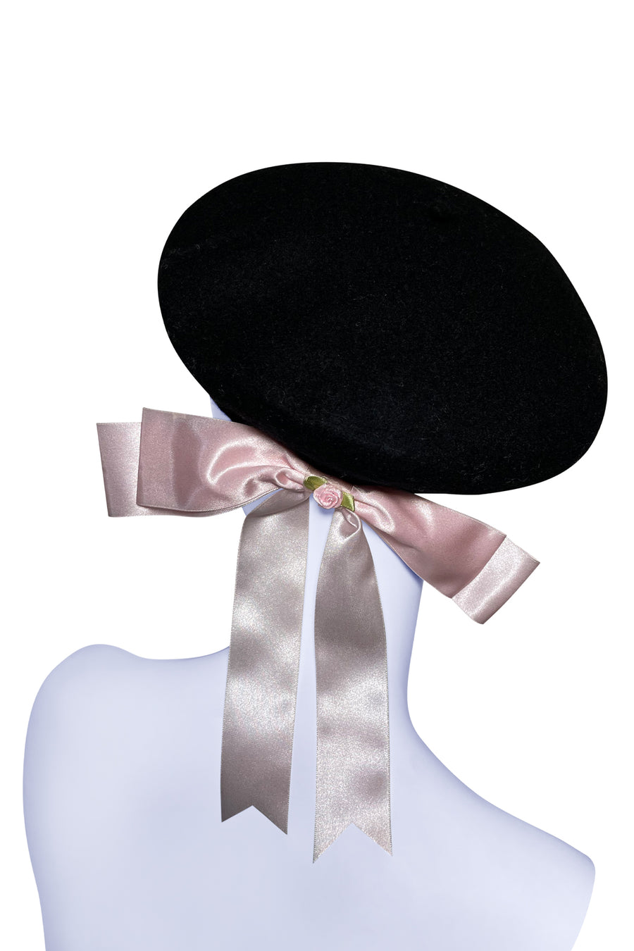 Black beret with pink ribbon and flower - NEW !