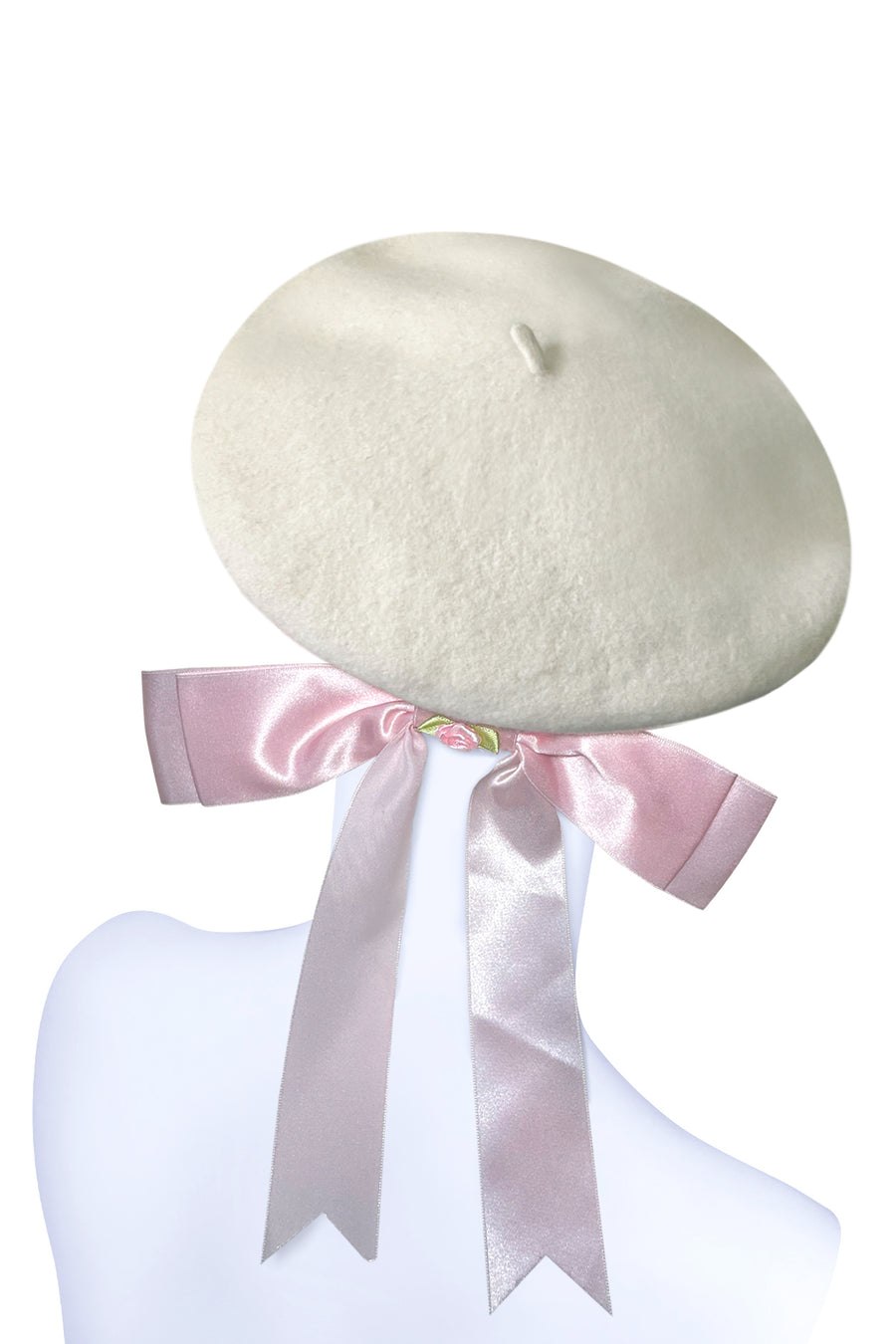 Off white beret with a pink satin ribbon !  NEW !