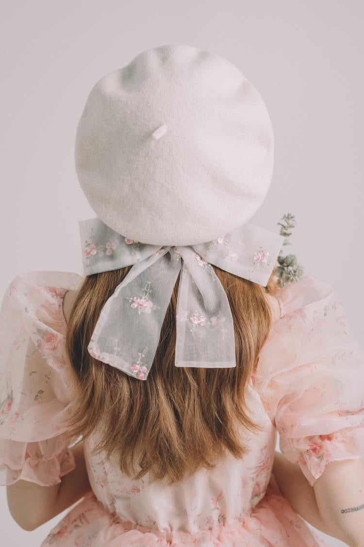 Off white beret with pink floral organza bow - NEW !