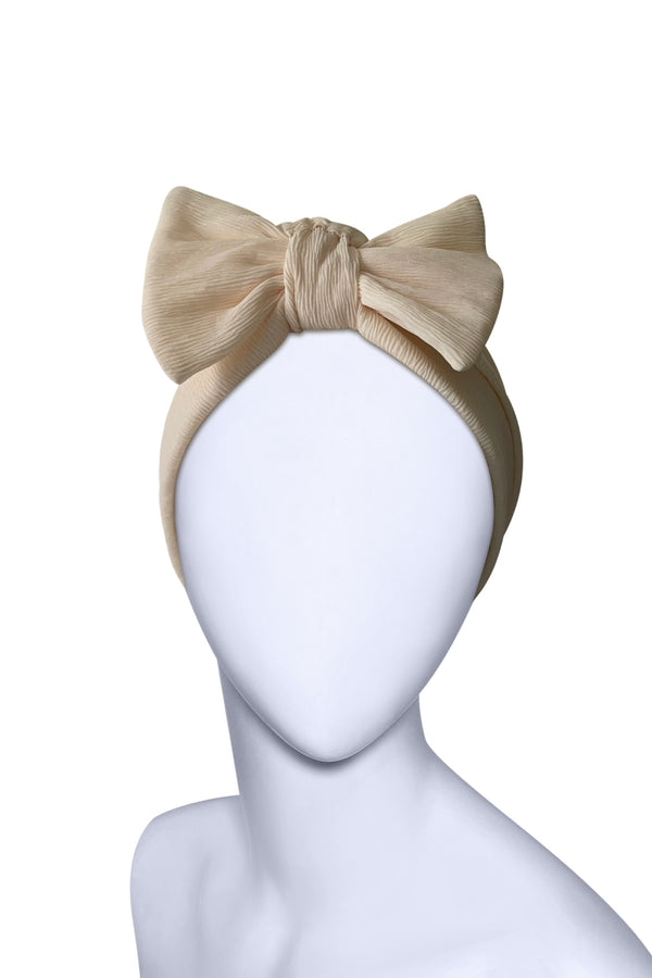Light Yellow Bow Turban Headwrap – Pre-Tied Pleated Viscose Head Covering