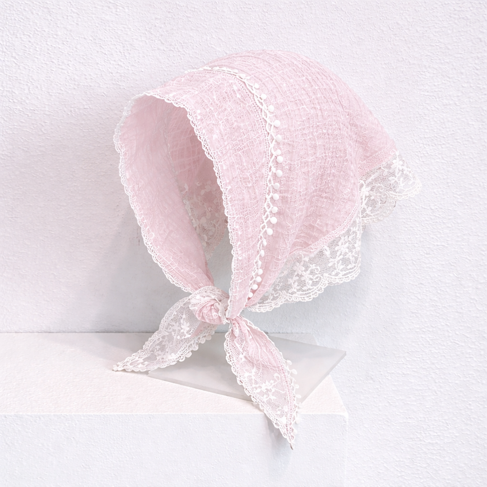 Pink Lace Tie-Back Triangle Headscarf – Cottagecore Bandana for Summer Hairstyles and Everyday Looks